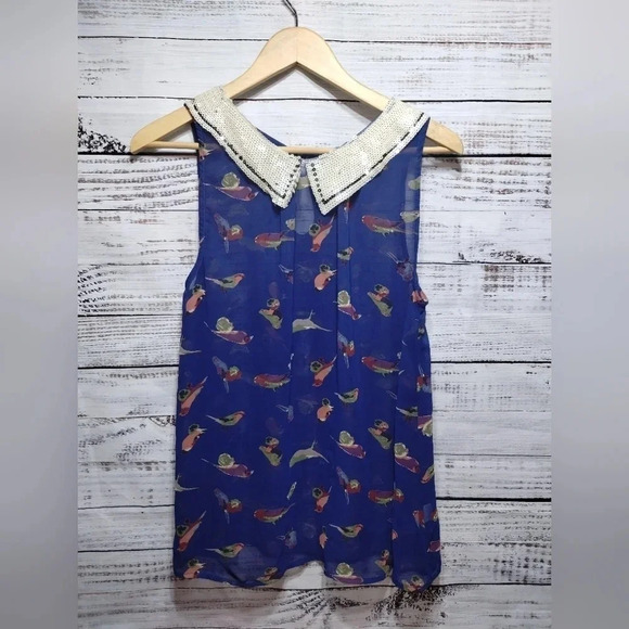 Audrey 3+1 Bird Tank in Blue Size Medium Maximalist Sheer Sequins Summer - Picture 5 of 8